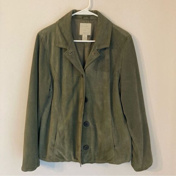 J. Jill Women’s 100% leather moss green coat/jacket. GUC! Size medium! - Picture 1 of 8